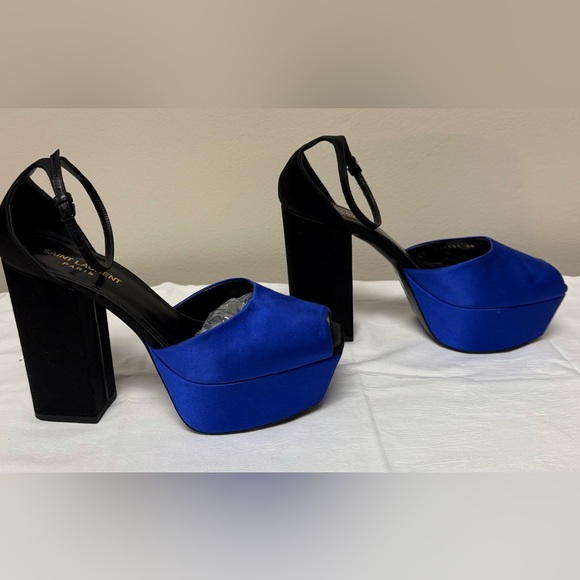 Saint Laurent Blue Satin Jodie Peep Toe Platform, EUC, Size 38 (8.) - Picture 2 of 16